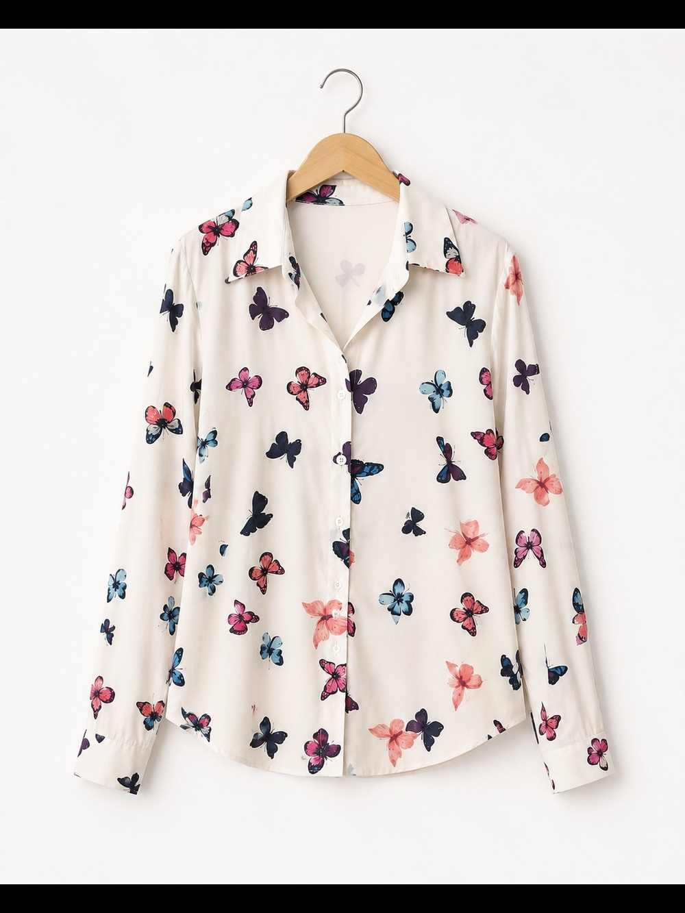 Butterfly Print Button-Up Shirt - Cream